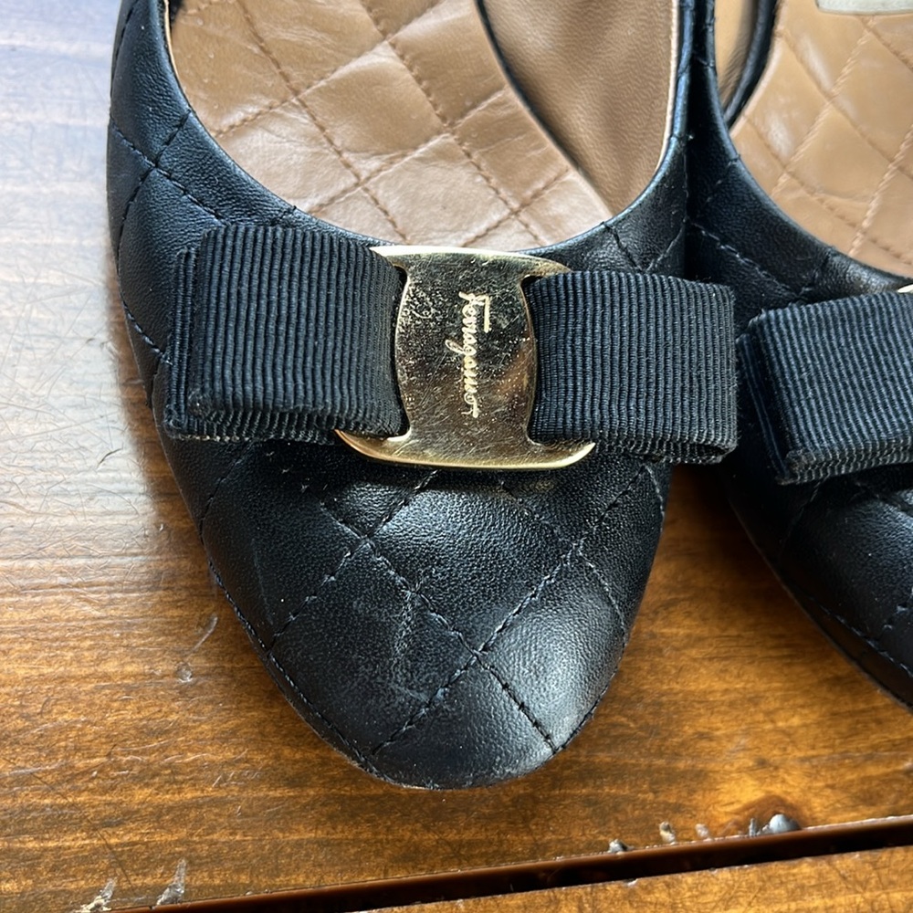 Salvatore Ferragamo Varina Quilted Bow Ballet Block Heels Size 7 - Picture 3 of 16